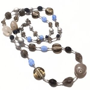 Premier Designs Long Glass & Seed Bead Necklace 40" Blue Gray Beige